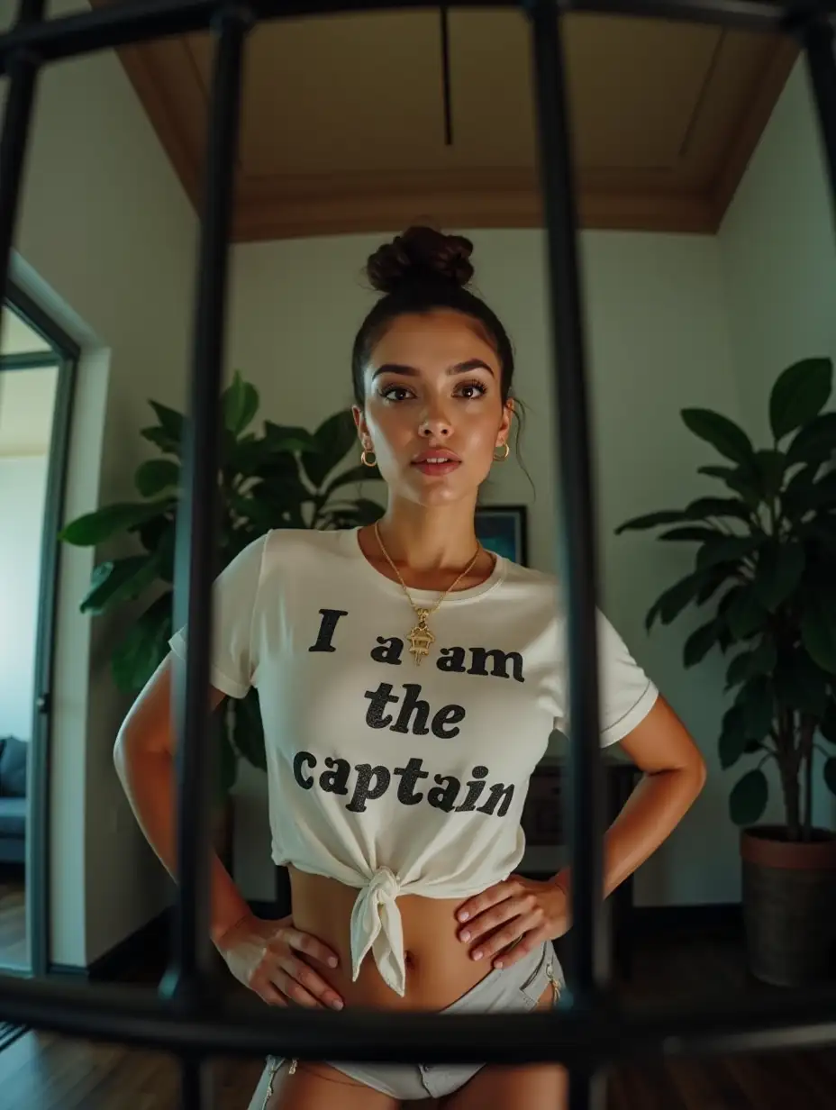 ((low-angle shot, worm eye, from below angles up, her hips in the foreground, behind cage bars)) a gorgeous young Hispanic mistress with hand on hips, wearing a shirt with written 'I am the captain', a small key in her necklace, a bun hair, arrogant, looking to the camera, modern room with exotic plants, in the background is the ceiling, talking