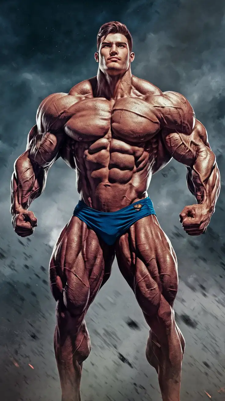 Powerfully muscled, hugely ripped, pumped, bodybuilder musclegod reverently receives the powers of the ultimate man, becomes a mighty superhero. 24 years old. Photorealistic.