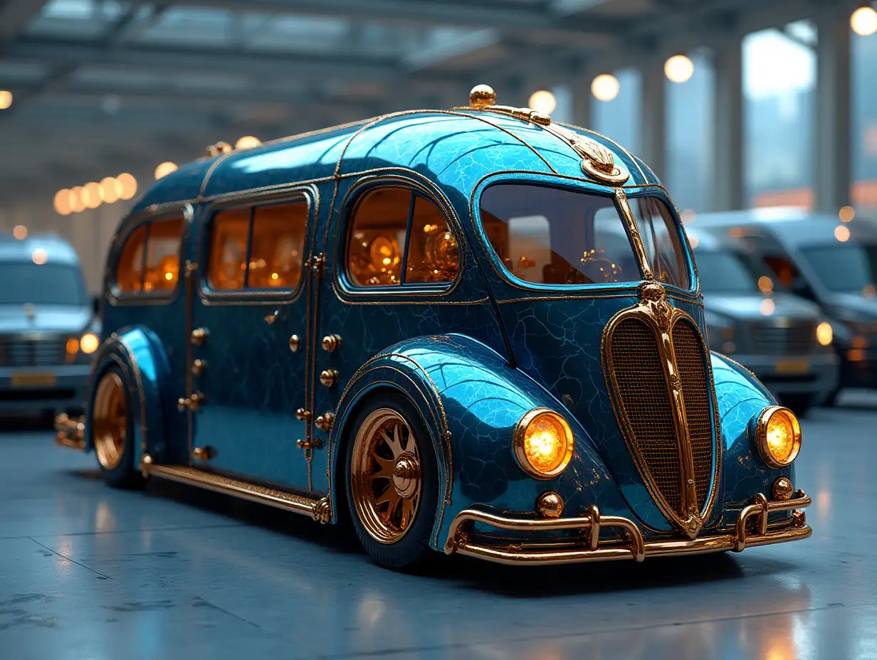 Modern utopian sports omnibus with gold and black lightning blue color with round ornaments, lowered body, 18-inch rims, aluminum wheels, cream blue gold, cyberpunk.