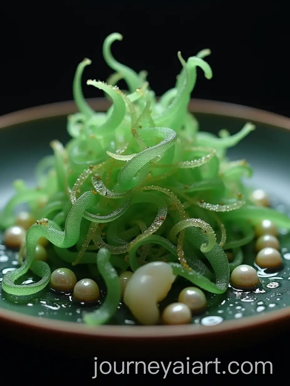 Glowing-Seaweed-Dish-with-Edible-Silver-and-Gold-Pearls