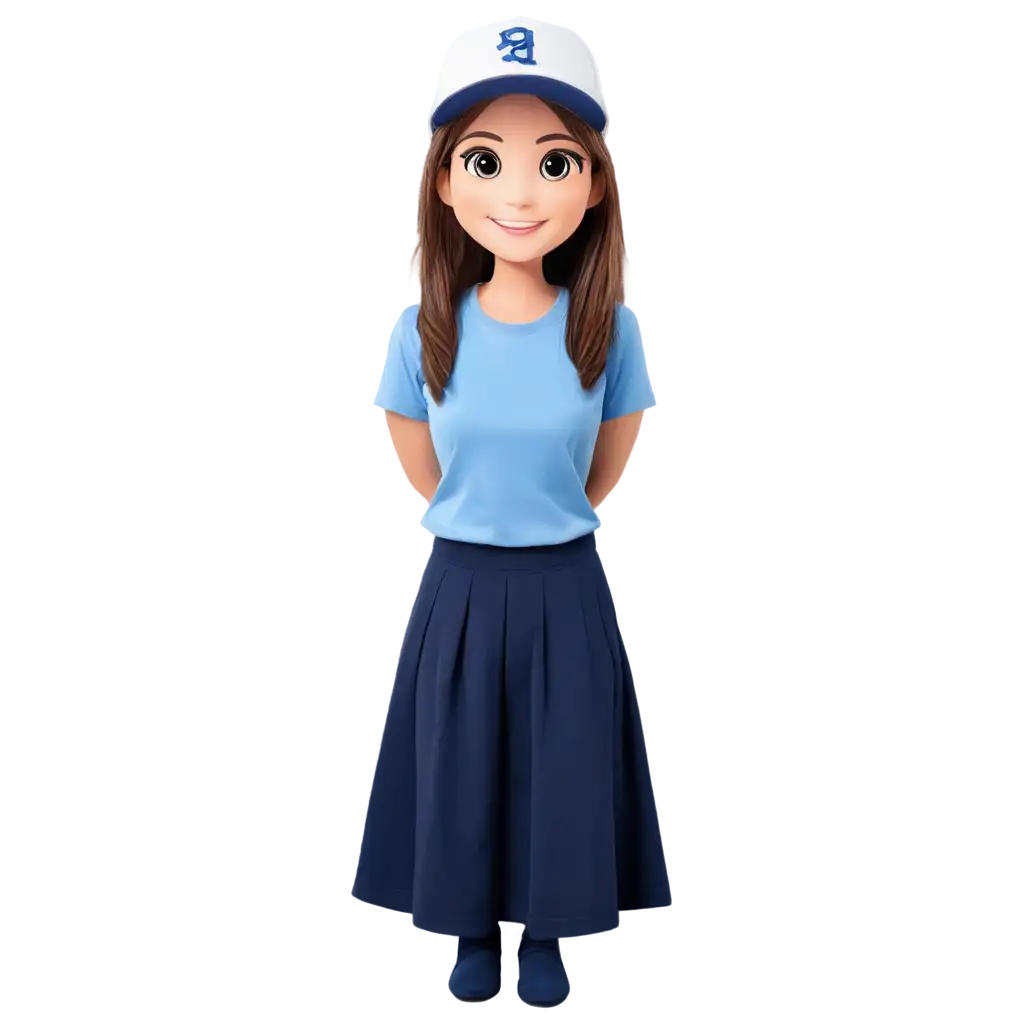 PNG-Image-of-Women-and-Men-Mascot-Event-in-Light-Navy-Blue-TShirt-and-White-Cap-with-Long-Skirt-Happy-and-Energetic-Expression