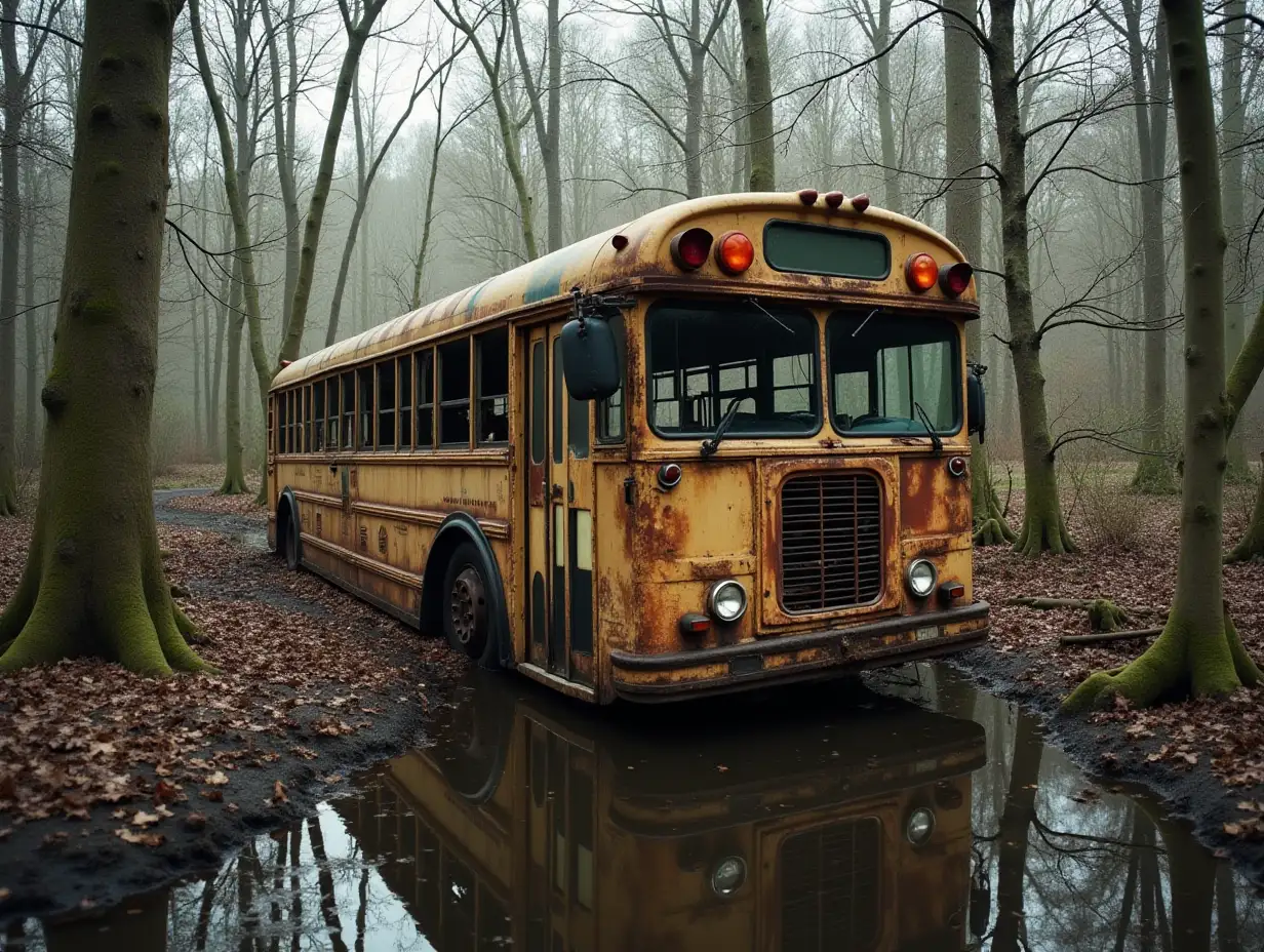 Rusty abandoned bus in a swamp