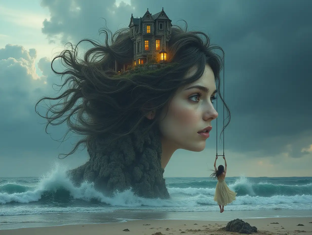 Face with hair transformed into a tall building with a terrace with a lantern and hanging swing with a fairy on the beach with large stormy waves and clouds