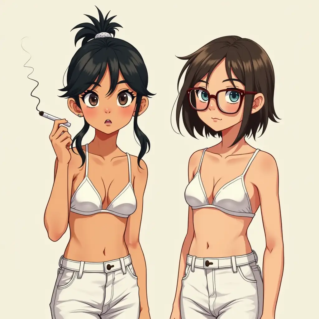 Two girls, friends; children. First girl;  13 years old, Chinese, black hair pinned back, short, slim, dressed in white trousers, white bikini bra, looking tough, cigarette in hand. Girl two, younger, 11 years old, white, blue eyes, brown hair; short, dark hair, glasses, dressed smart, pretty.