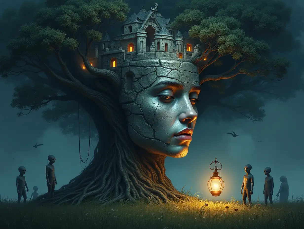 Creating a digital painting of a face with hair transforming into a building with silver stone and Illuminated trees with roots and lantern and alien beings on a meadow