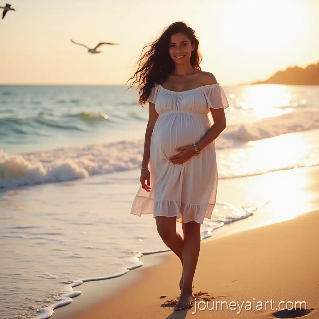 Pregnant-Woman-Walking-on-Beach-atAI-Image-Prompt-Expansion-Sunrise-with-Serene-Expression