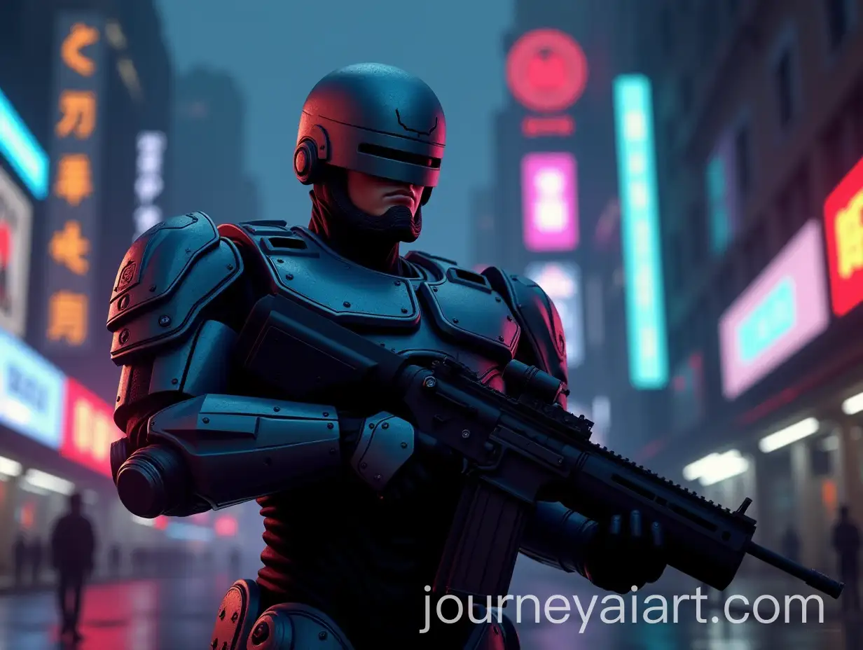 Cyberpunk-Robocop-with-Big-Gun-in-Night-Cityscape
