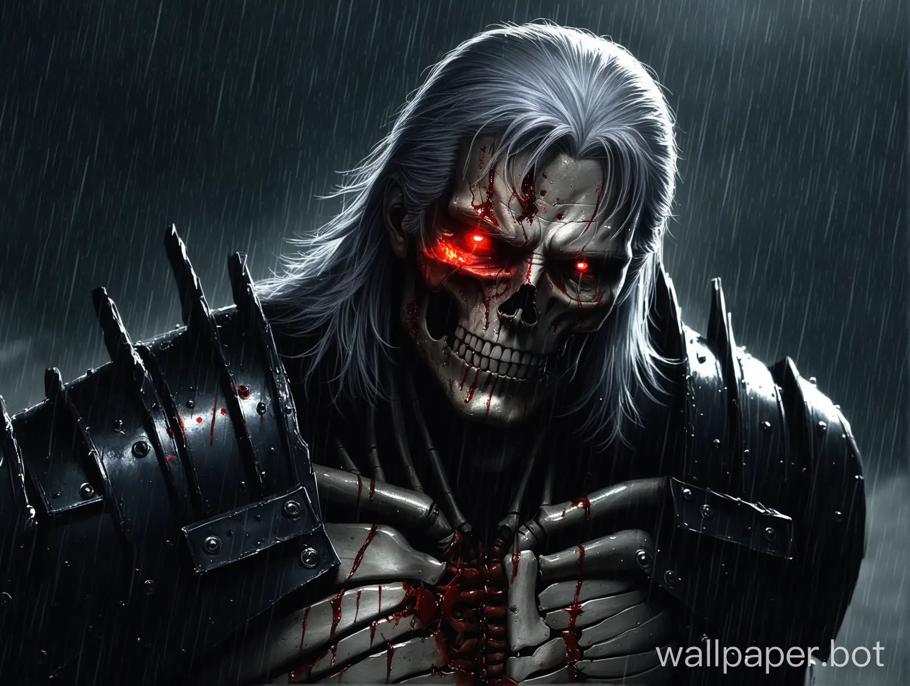 Geralt became a terminator visible skeleton terminator visible blood on face visible torn wounds on body red eyes glowing black eyes going rainy atmosphere scary looking realistically looking epic looking beautiful