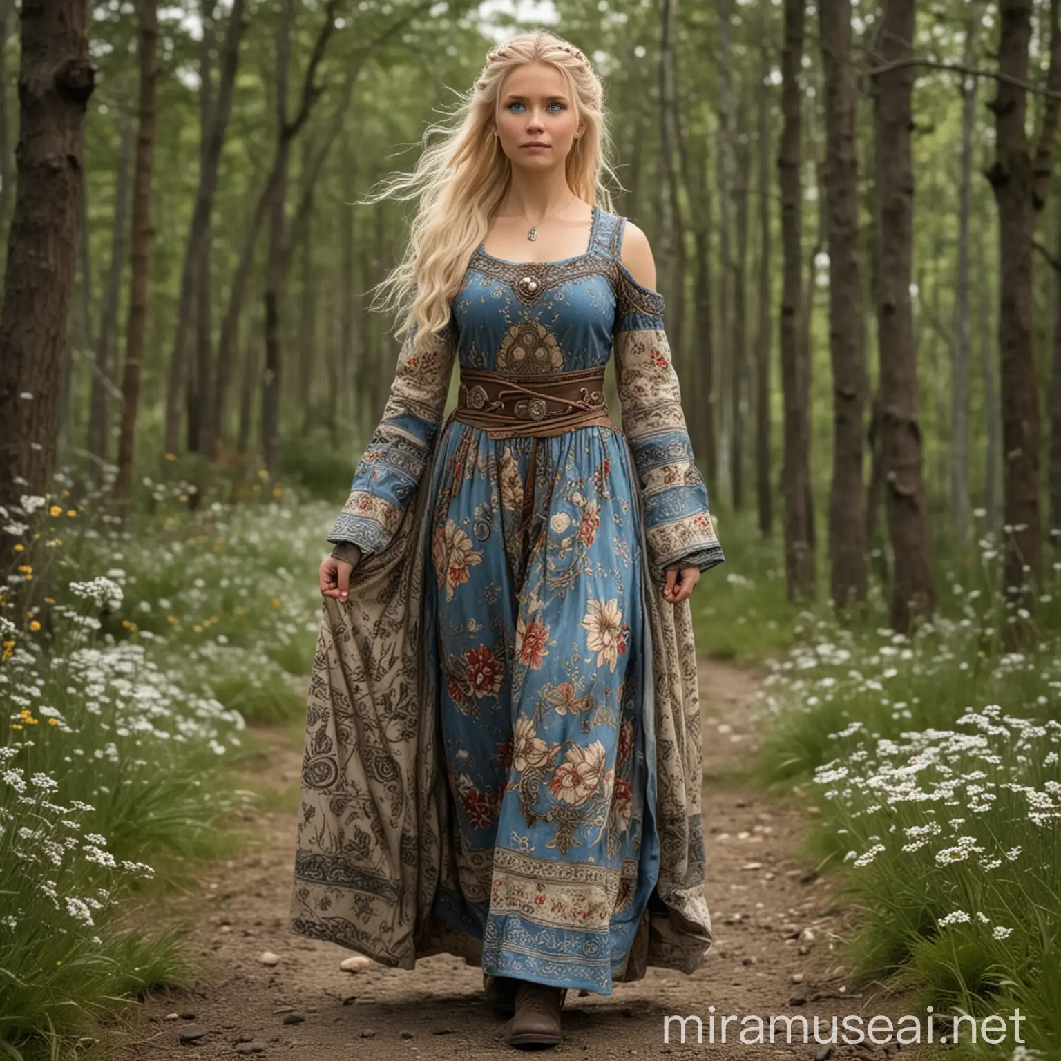 Viking Woman in Traditional Floral Dress with Ash Blonde Hair