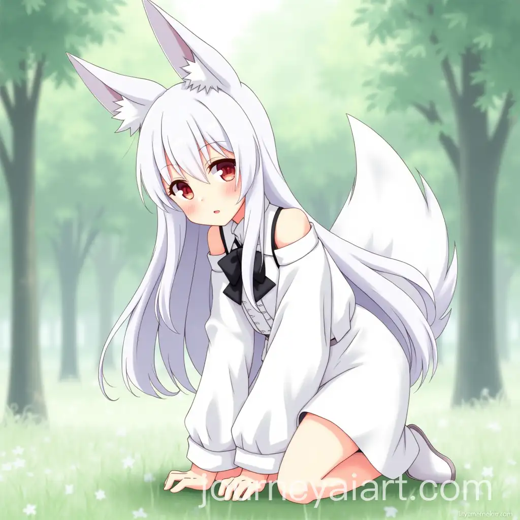Anime-Female-Character-with-Fox-Ears-in-a-White-Dress-in-a-Forest-Background