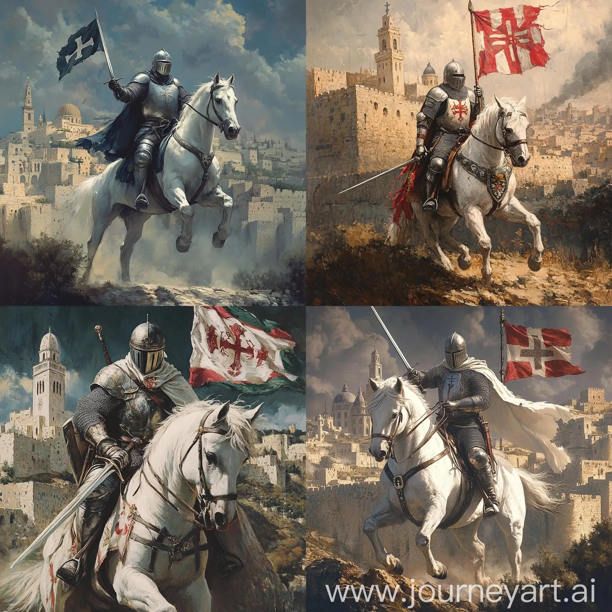 Crusader-Knight-Riding-White-Horse-in-Jerusalem-with-Cross-Flag