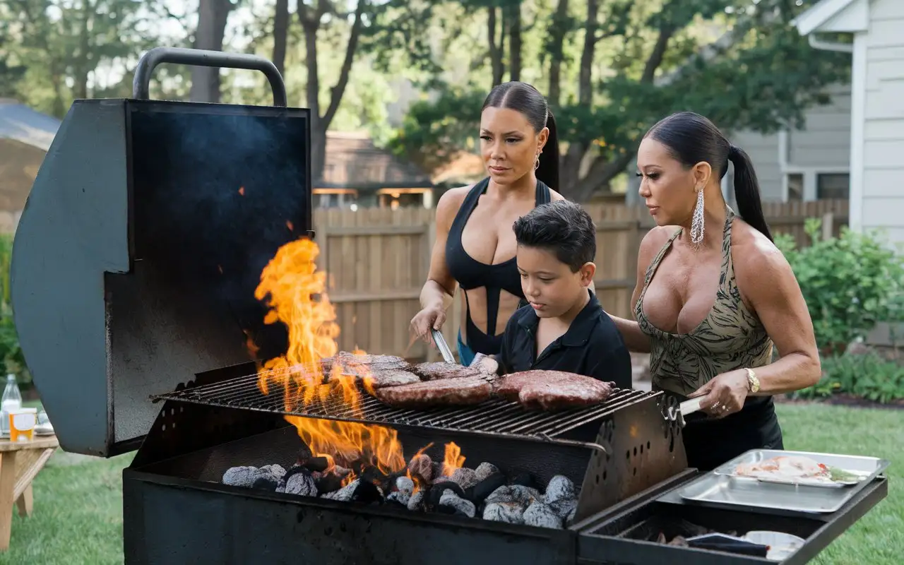 Summer Backyard. Two very beautiful Evil mature smiling latina females with deep necklines and hair slicked back into a ponytail (grills a boy on a large grill:1.5), big hot flame, hot coals, cinematic, photo , 4k