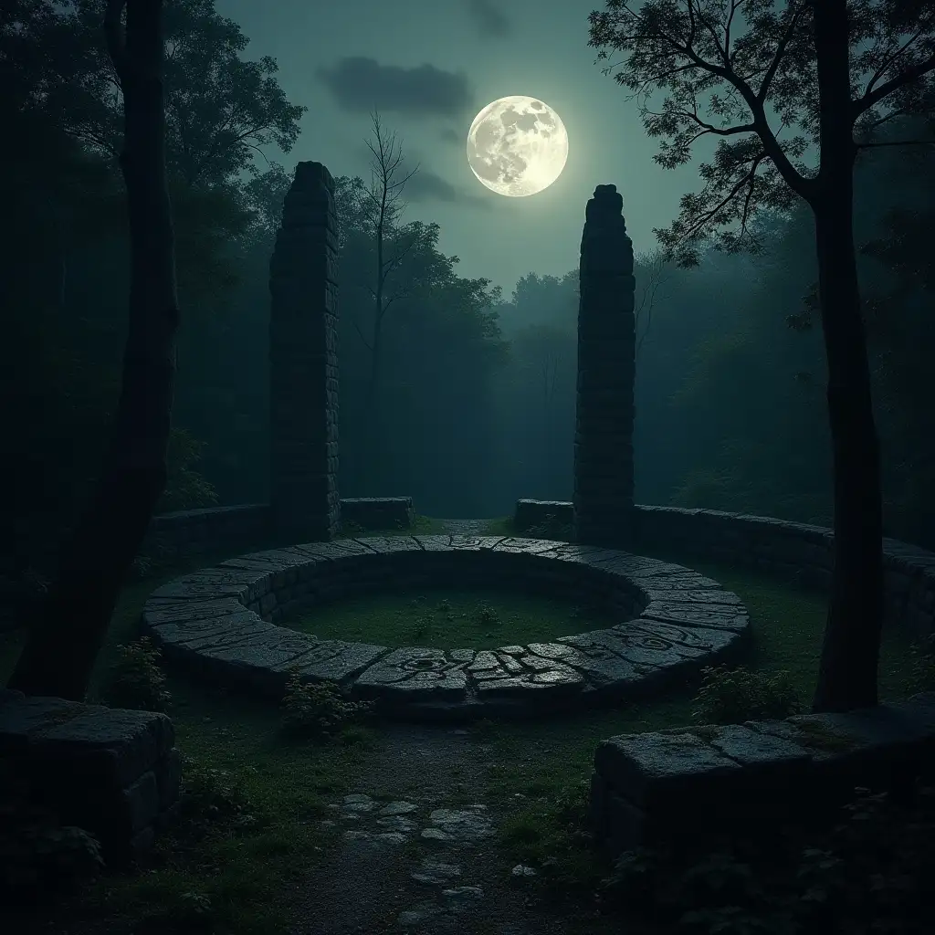Ruins of an ancient stone circle structure swallowed by forest. Moonlight barely illuminating carved spiral symbols on the stones. Shadows deep and thick, a sense of old spirits watching.