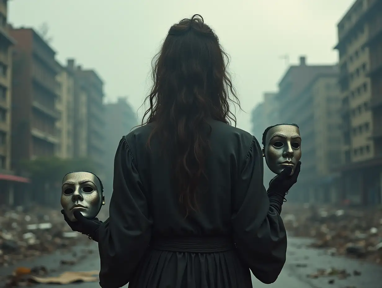 a person in a costume is standing with their back turned. holding theatrical masks in their hands. background city after apocalypse