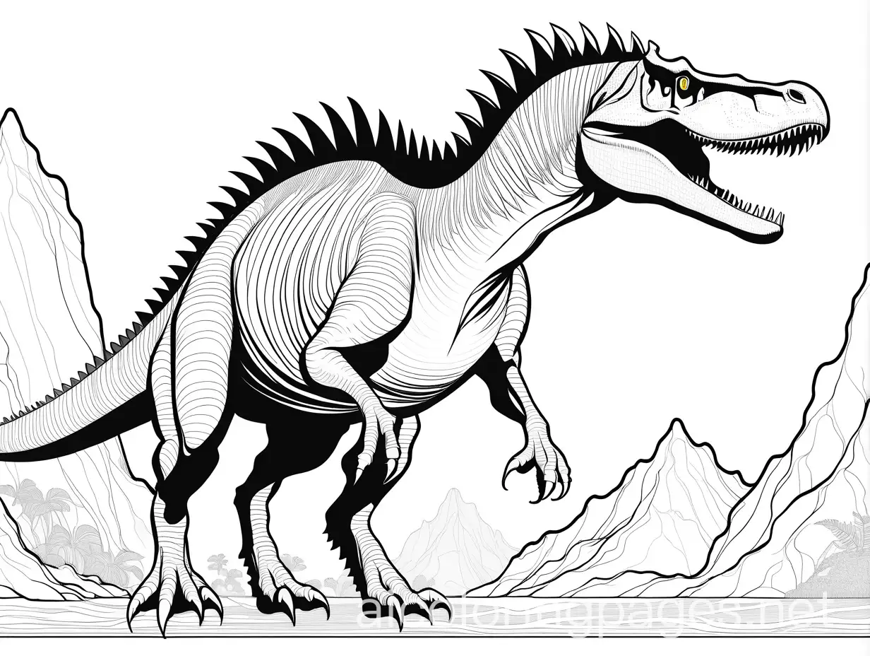 Zdeněk Michael František Burian , spinosaurus, Coloring Page, black and white, line art, white background, Simplicity, Ample White Space. The background of the coloring page is plain white to make it easy for young children to color within the lines. The outlines of all the subjects are easy to distinguish, making it simple for kids to color without too much difficulty