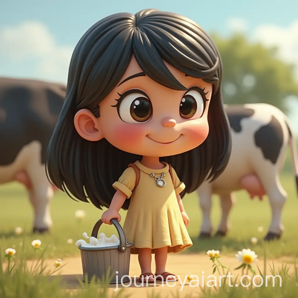 Pixar-Style-Young-Girl-with-Black-Hair-and-Milk-Bucket-Standing-Near-a-Cow