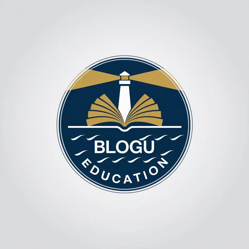 LOGO-Design-for-Blogu-Education-Minimalist-Round-Badge-with-Open-Book-Lighthouse-and-Ocean-Waves