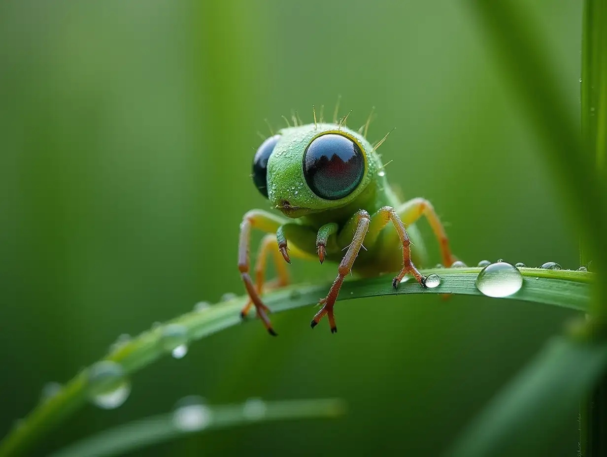 Wonderful , fantastic , alien creature , macro shot sits in the grass , dew drops