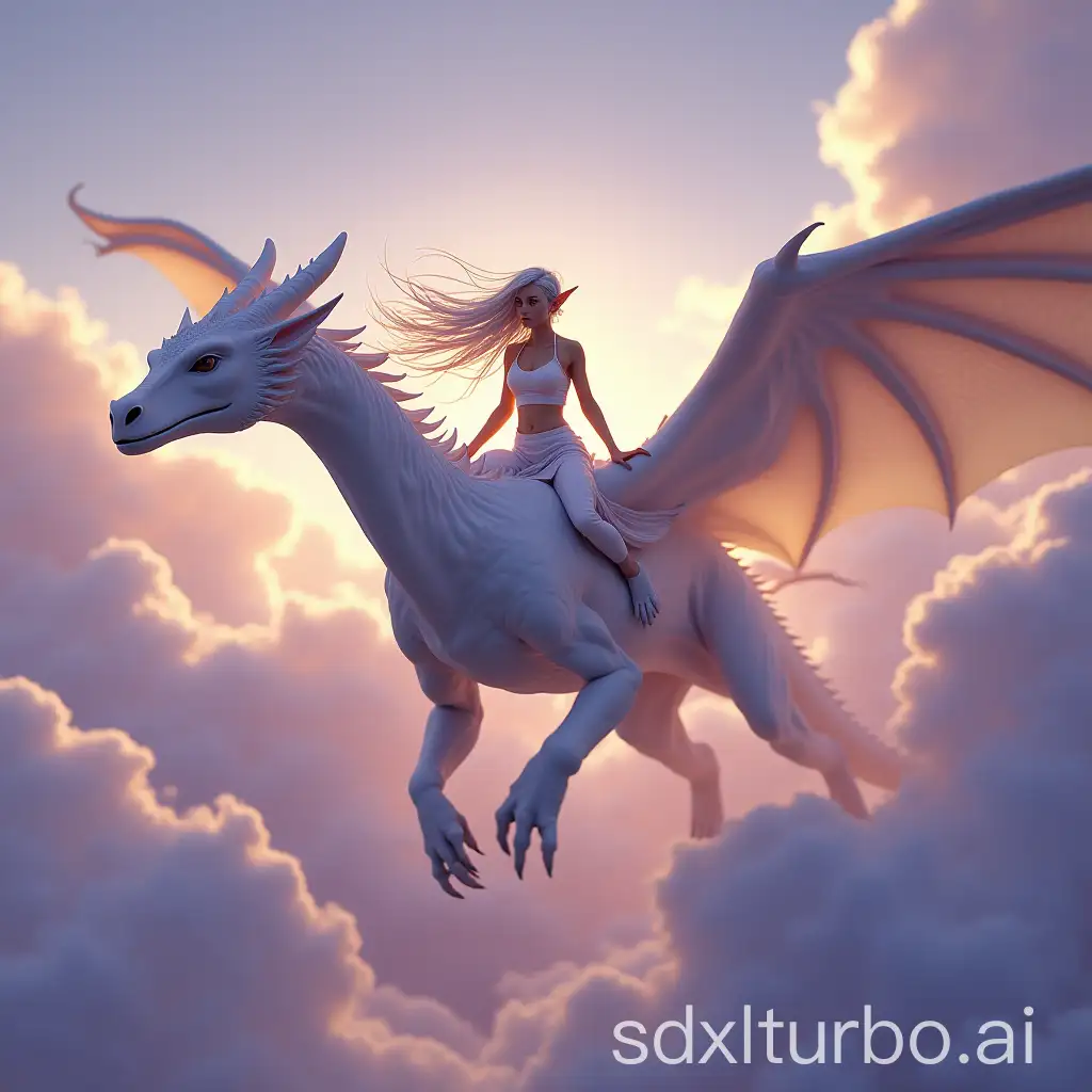 Athletic-Woman-Riding-a-Majestic-White-Dragon-Through-Colorful-Clouds