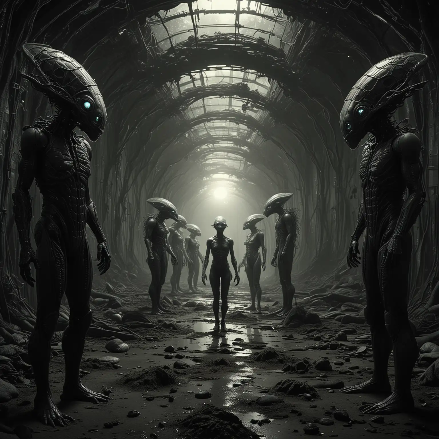 created images feature a split-screen design that juxtaposes two contrasting paradigms. One side shows five aliens in neo-Atlantean attire, engaging in 'Capture the Biophysical Energy' with a human, set in a film noir style with textured patterns. The other side illustrates the perspective of the alien hive, using telekinesis and biophysical quantum entanglement to manipulate the human. The contrast between the two worlds emphasizes their distinct dynamics and aesthetics within the film noir setting and make sure to elaborate  feature a split-screen design, contrasting two different worlds. One side presents five aliens in neo-Atlantean attire engaging in 'Capture the Biophysical Energy' with a human, set in a film noir aesthetic. The other side showcases the perspective of the alien hive using advanced technology to manipulate the human. The contrast in dynamics and aesthetics between the human and alien worlds is vividly emphasized, highlighting the complex interactions in this sci-fi scenario.