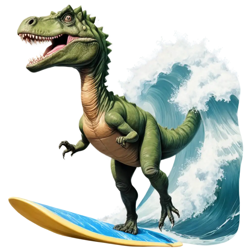 A dinosaur on a surfboard on a big wave