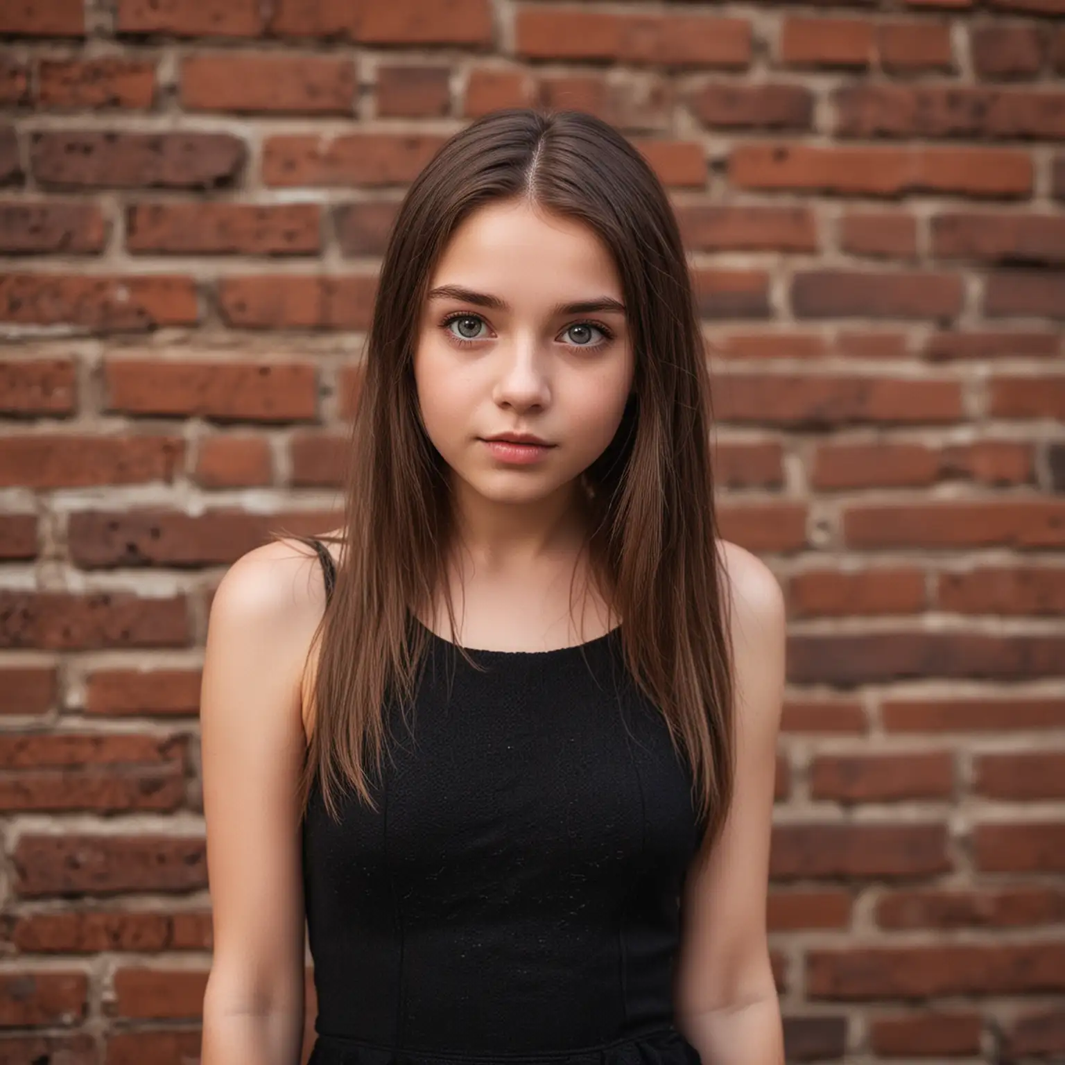 Young Girl Posing in Tight Black Dress against Brick Wall