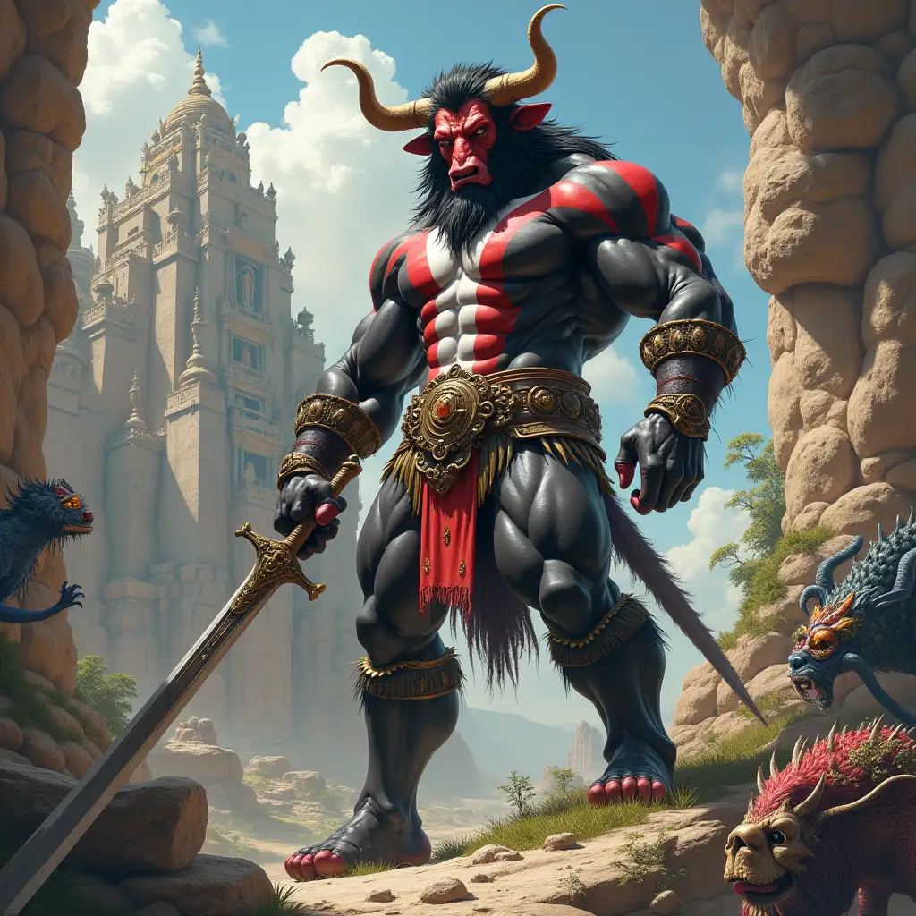 Ultradetailed hyperrealistic black-red-white cow pattern bodybuilder with horns and fur, with a sword on a rock before a temple with various strange, intricately detailed, colorful creatures.