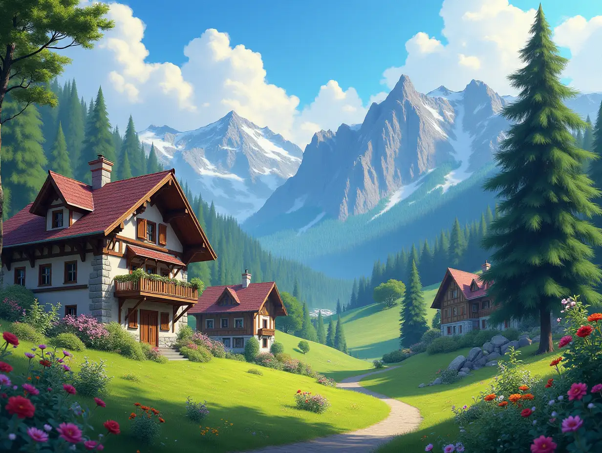 Anime 3D style, hyper-realistic oil painting, of a fairy village, in the Swiss alps, at the bottom of a garden of a chalet,  Octane render, ray tracing, depth of field, super detail