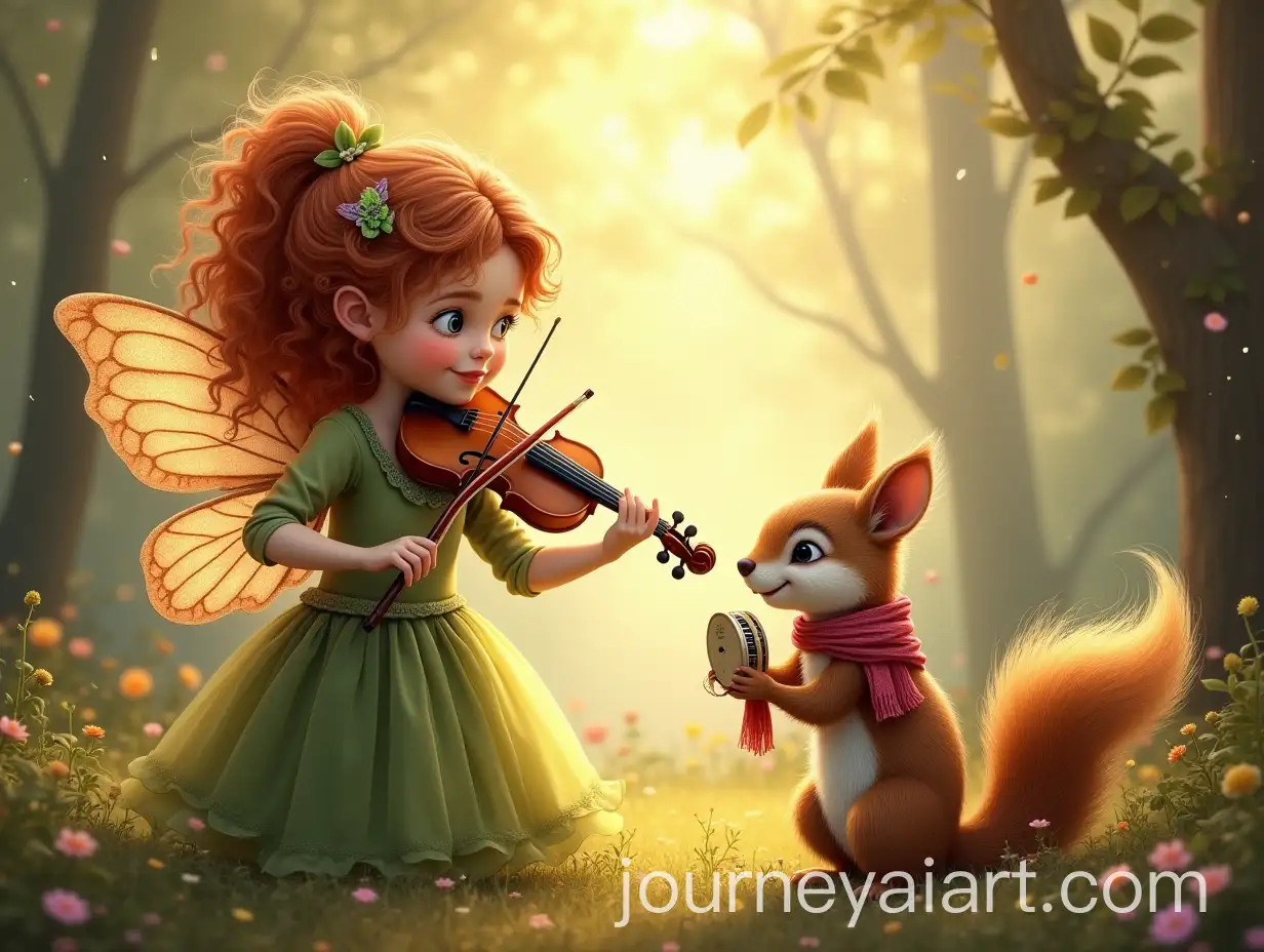 Fairy-Girl-Playing-Violin-with-Squirrel-in-Dreamy-Forest-Setting