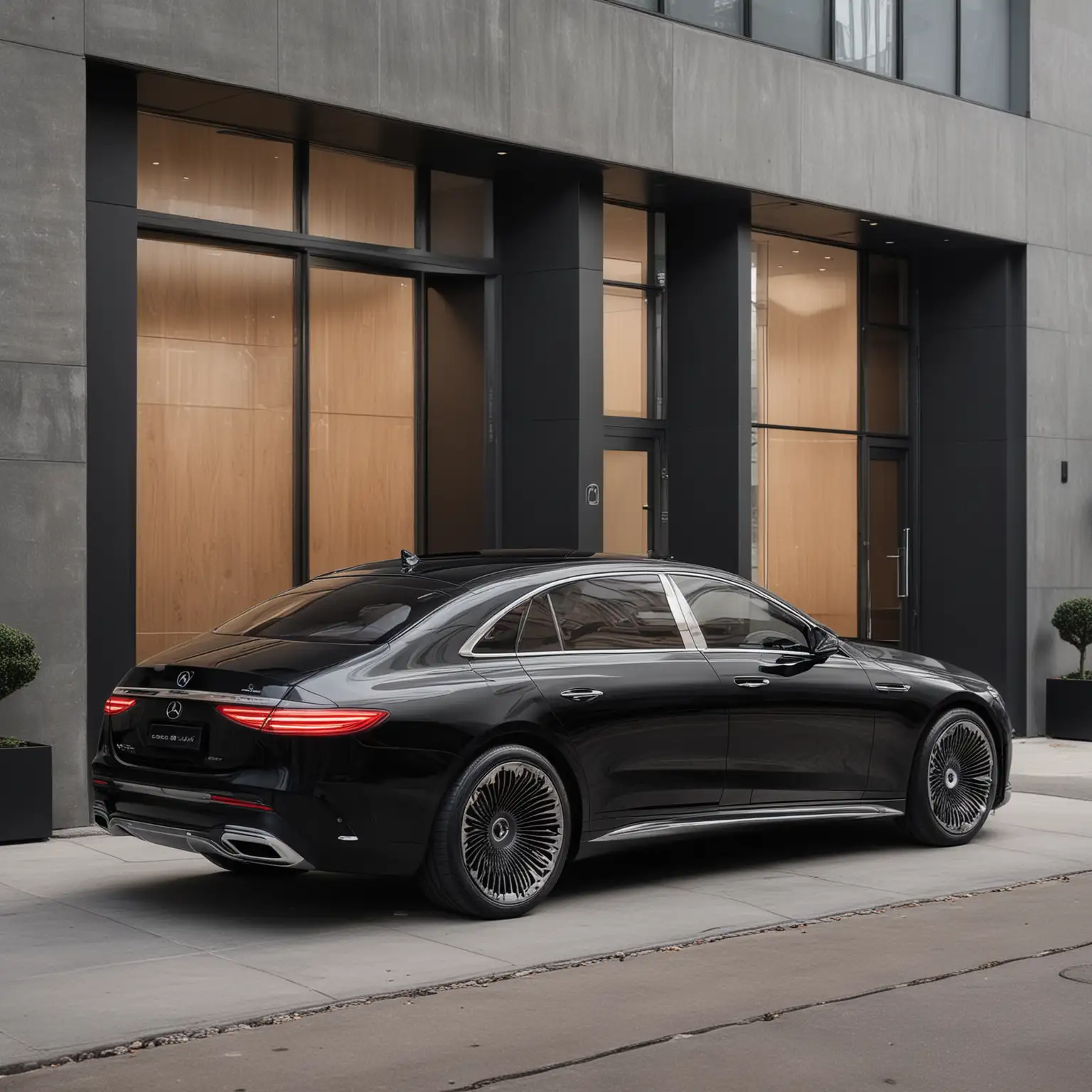 Luxury Black MercedesMAYBACH EQS 680 Parked Outside Modern Office Doors