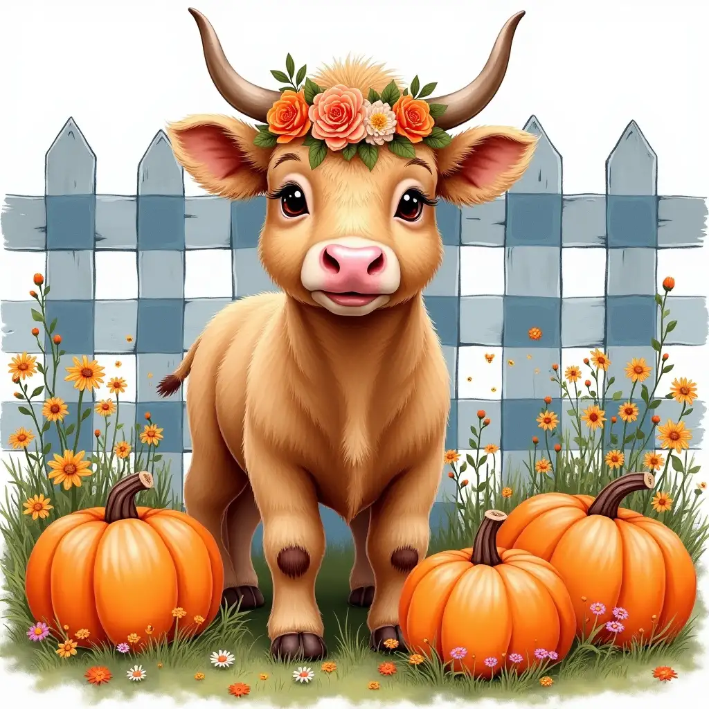 oil paint ink. A cute baby Highland cow with a flower crown, standing amidst a cluster of pumpkins and wildflowers. The background features a rustic wooden fence with a blue and white gingham pattern.