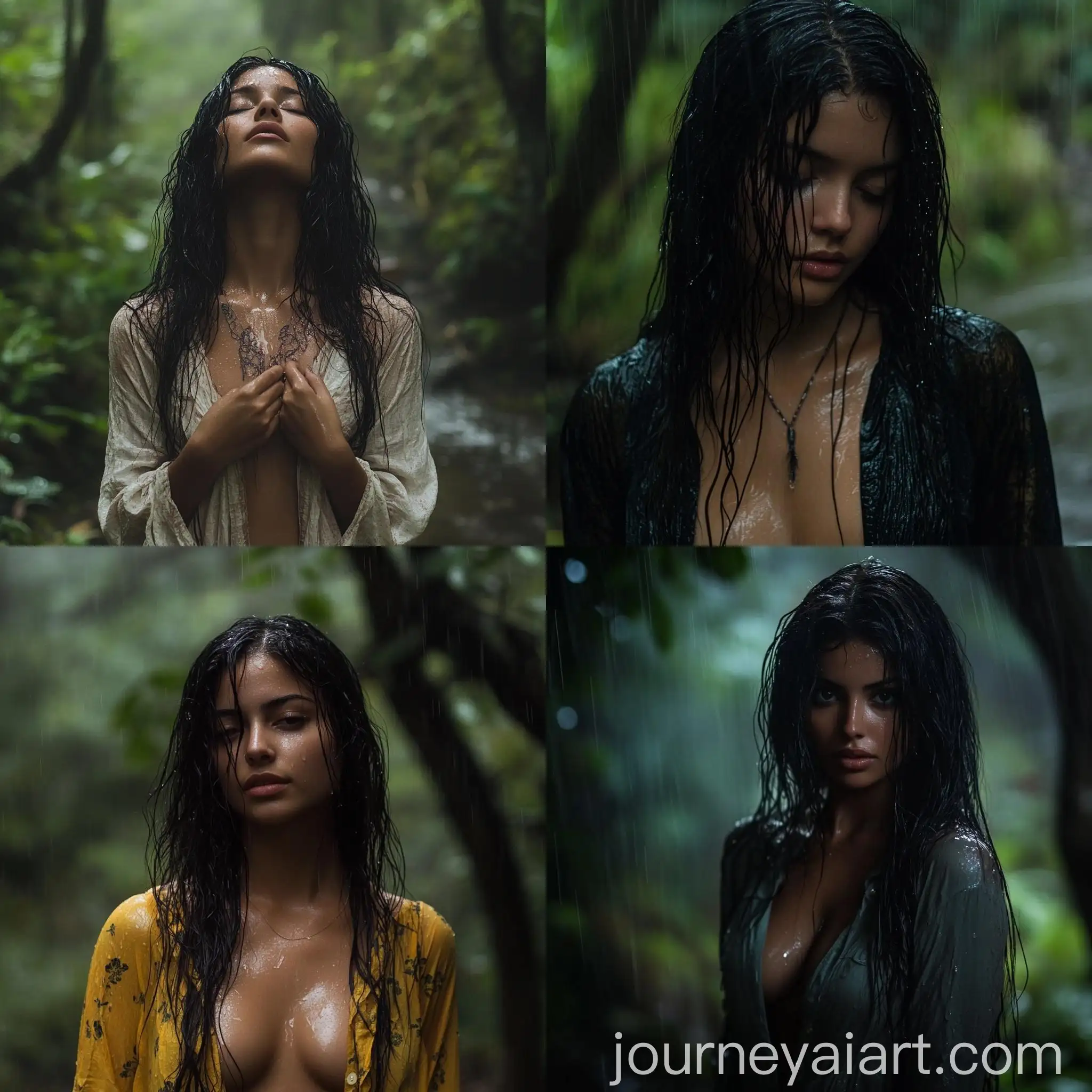 Beautiful-Girl-with-Long-Black-Hair-Standing-in-Rainy-Forest