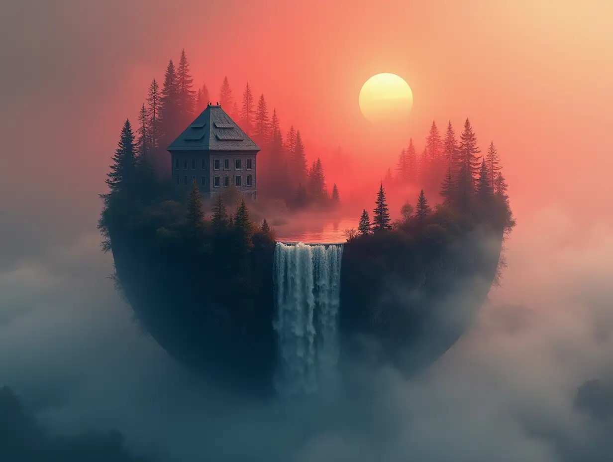 Create a globe with a building, forest, and waterfall emerging from the upper half and red fog and sun