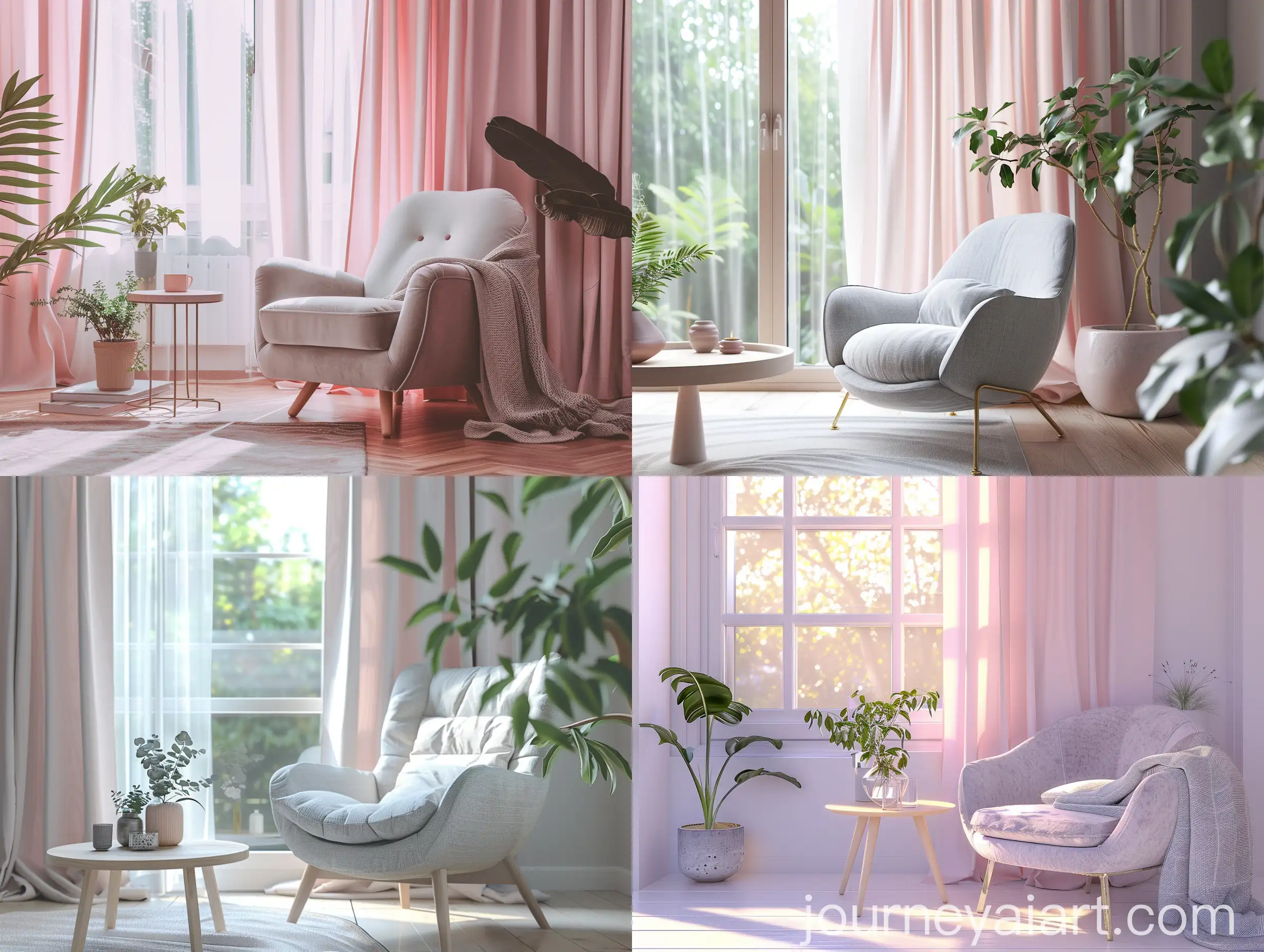 Intimate-Modern-Living-Room-with-Pastel-Grey-Armchair-and-Soft-Pink-Curtains