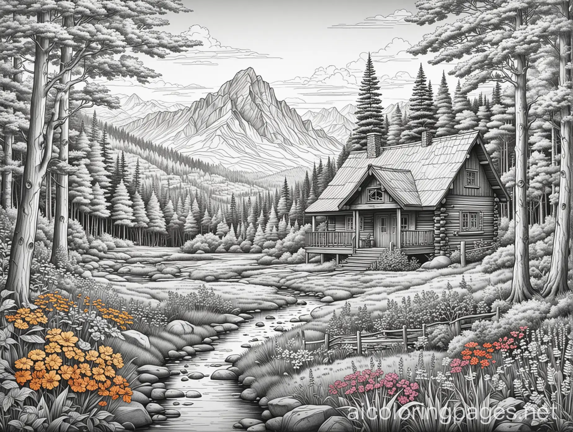 Adult coloring book, draw and capture a cozy mountain cabin nestled amidst a picturesque landscape. Pay attention to the intricate details of the cabin's wooden structure and the surrounding grass and trees. Add a small garden with colorful flowers.. NO shades, Coloring Page, black and white, line art, white background, Simplicity, Ample White Space. The background of the coloring page is plain white to make it easy for young children to color within the lines. The outlines of all the subjects are easy to distinguish, making it simple for kids to color without too much difficulty