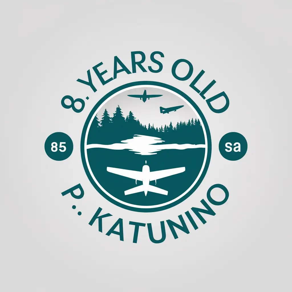 a vector logo design,with the text "85 years old p. Katunino", main symbol:logotype round in which is located lake, forest, airplane,Moderate,be used in Events industry,clear background