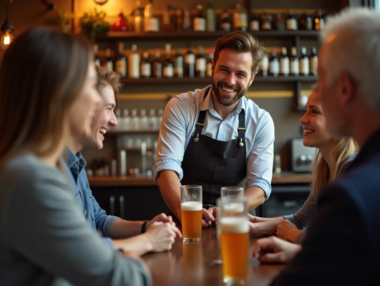 Happy waiter serving drinks to group of guests in cafe