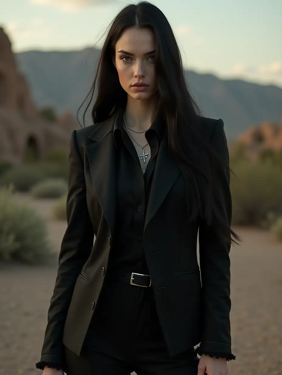 Teagan-Croft-in-Gothic-Suit-Outside-Arizona-Cathedral-at-Dawn