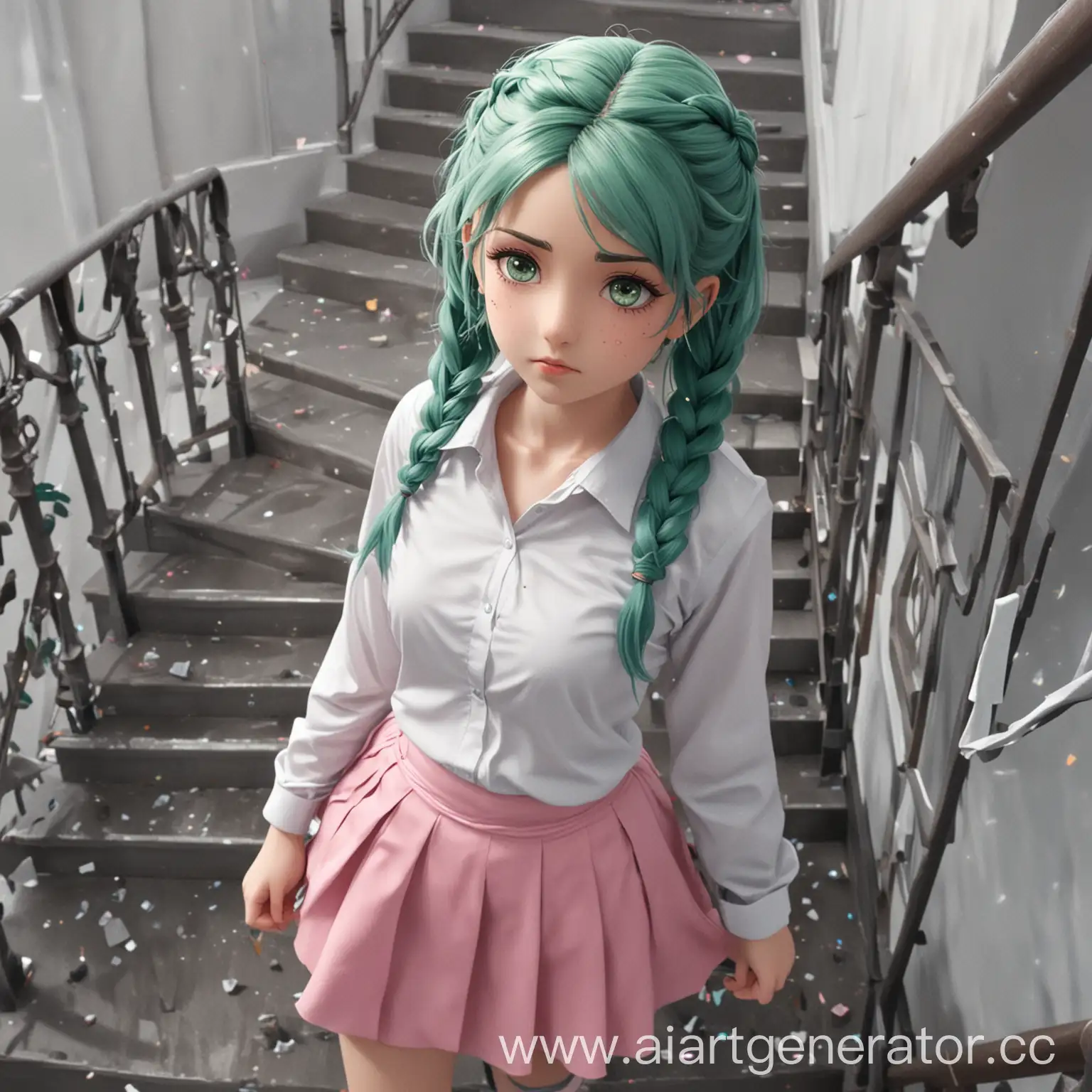 Serious-Anime-Girl-Descending-Silver-Staircase-in-Gray-Space-with-Crystal-Rhombuses