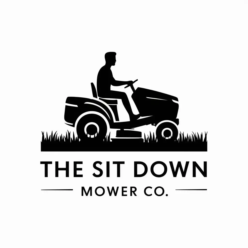 LOGO Design for The Sit Down Mower Co Black and White Silhouette of Man Driving Riding Lawnmower