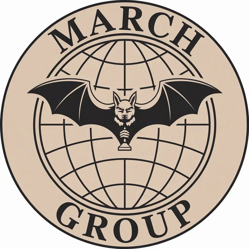 Logo Design for March Group Round Badge with Bat and Scepter on Globe Grid