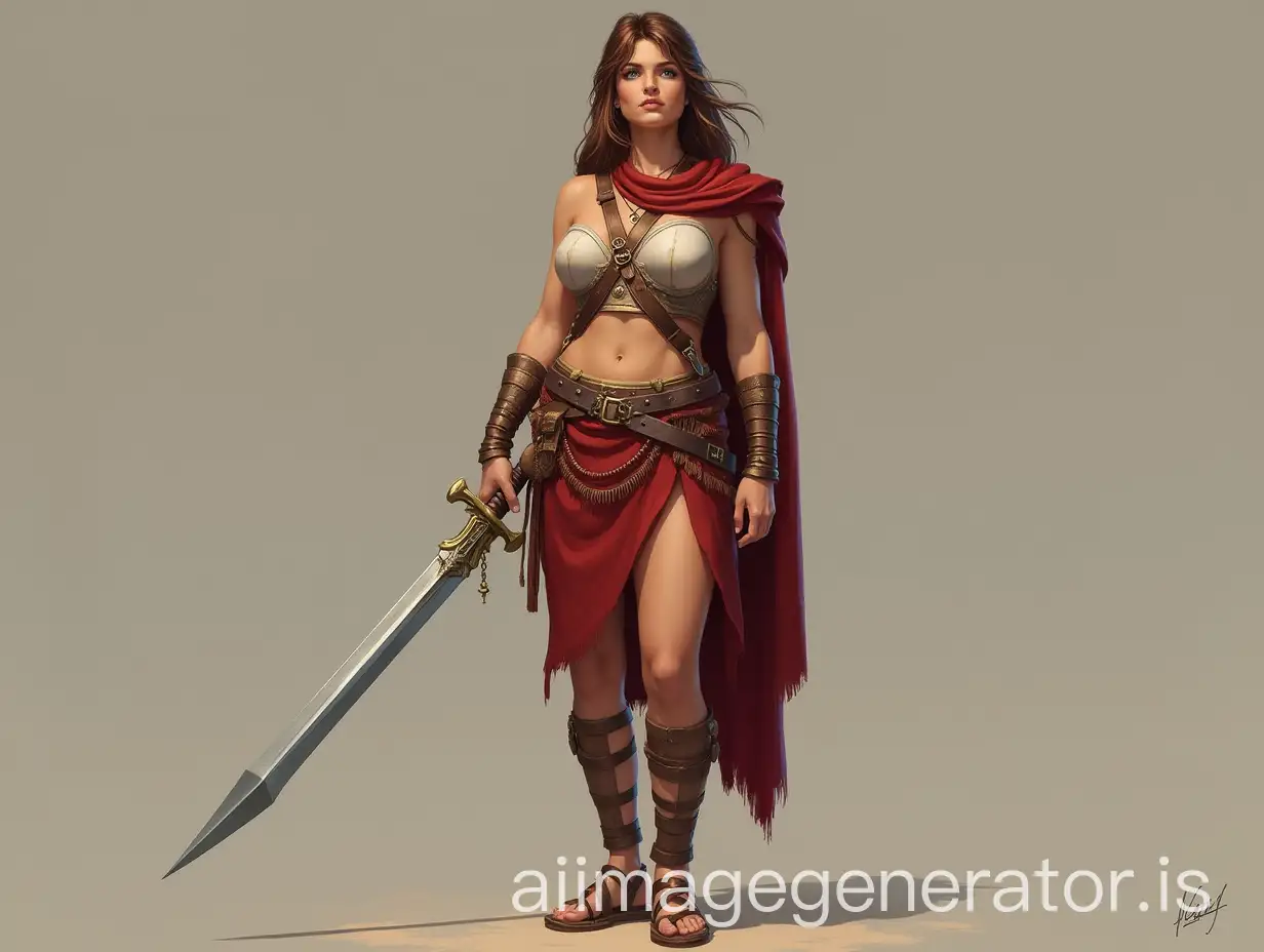 Femme romaine, brown hair, large exposed breasts, fair skin, big blue/green eyes, legionnaire Roman outfit with a leather strap and a skirt in the same style, Spartan sandals, a sword in its sheath on the left belt and a water pouch on the right. At the right ankle, a dagger
