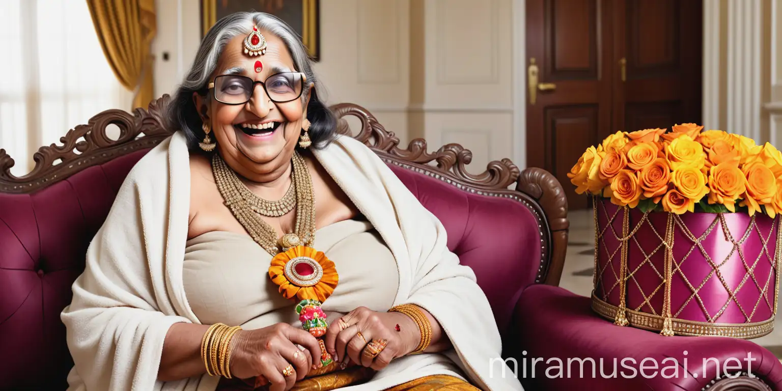 Indian Mature Woman in Mythological Queen Costume with Gift Box and Dog