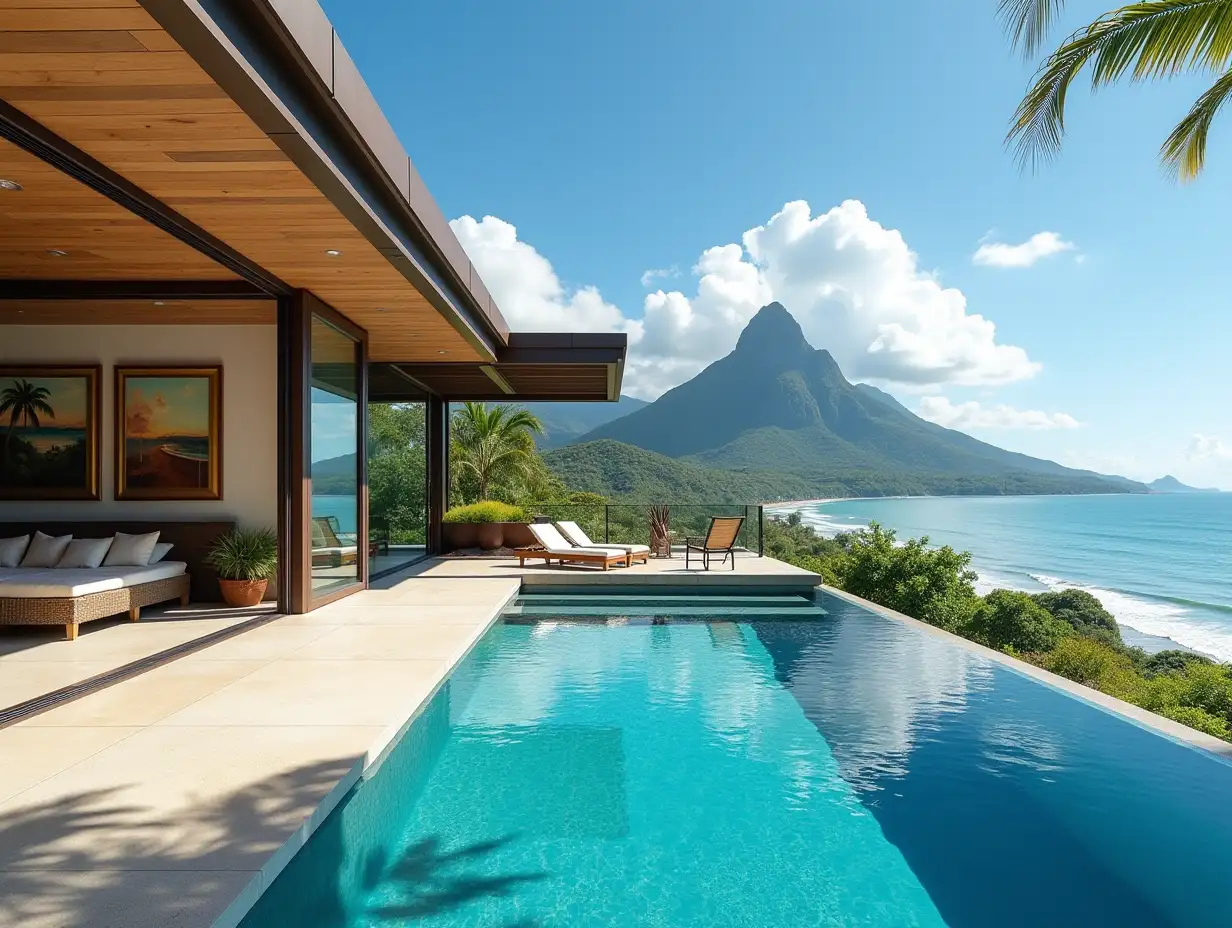 a beachfront modern home with a pool with open cabana and long distance view of a mountain in puerto rico. Inside the home has paintings, books, and other memorabilia that has a puerto rican culture feel