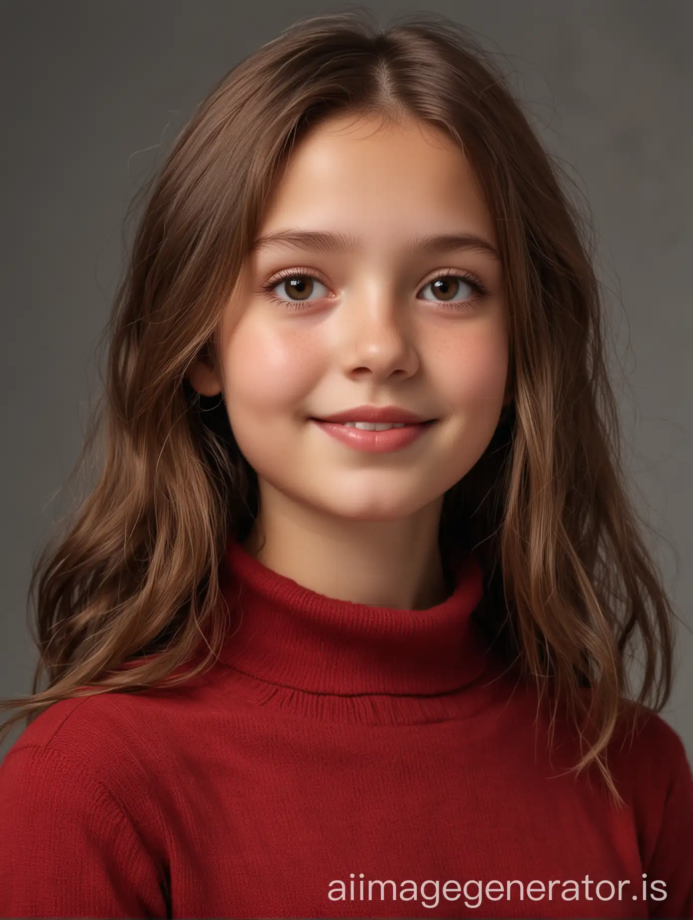 This 12-year-old girl has a slender body with graceful proportions. She has a round head with soft facial features. Her round eyes, hazel in color, radiate joy and curiosity. Her small nose is slightly upturned, giving her a friendly look. She has full, gentle lips that are often adorned with a cheerful smile. This girl's hair is long and thick, dark chestnut in color. It cascades down her back in soft waves, creating an elegant look. Her hair also has a natural shine and softness, 8K UHD, full body in image, She stands facing the camera wearing a bodyfitted red high turtleneck and jeans shorts.