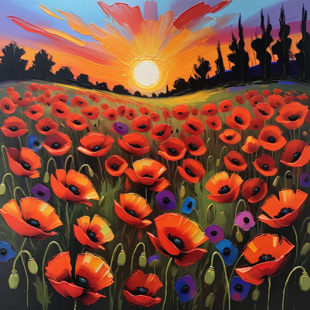 field of poppies, setting sun, painted flowers, bold brush strokes, vibrant colors