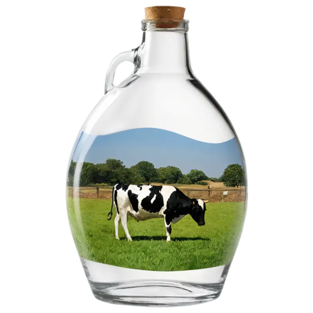 HighQuality-Transparent-PNG-of-Premium-Glass-Bottle-with-Cow-in-Countryside-Ideal-for-Creative-Uses