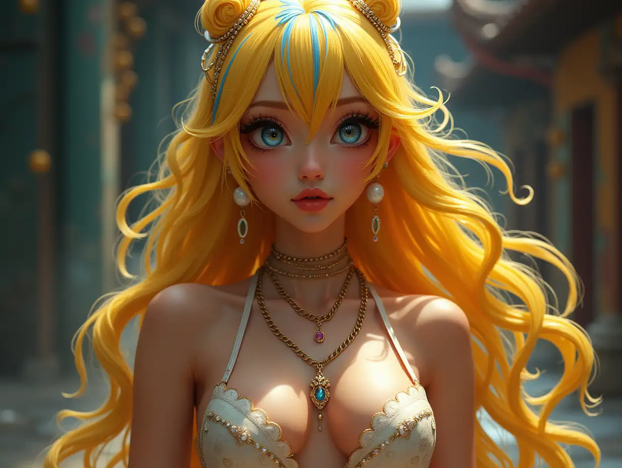 mythological black Asian princess yellow hair with blue streaks Mini skirt with pepperoni necklace high white stilettos with chain a ball portrait