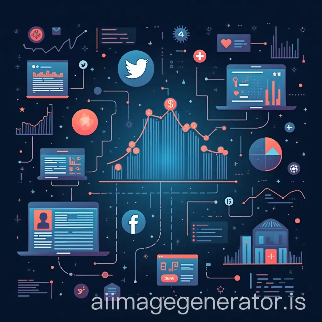 Generate an image showing a picture that includes social media, news, and stock market trends, with information flow visually displayed as entering market prediction models from social media and news sources