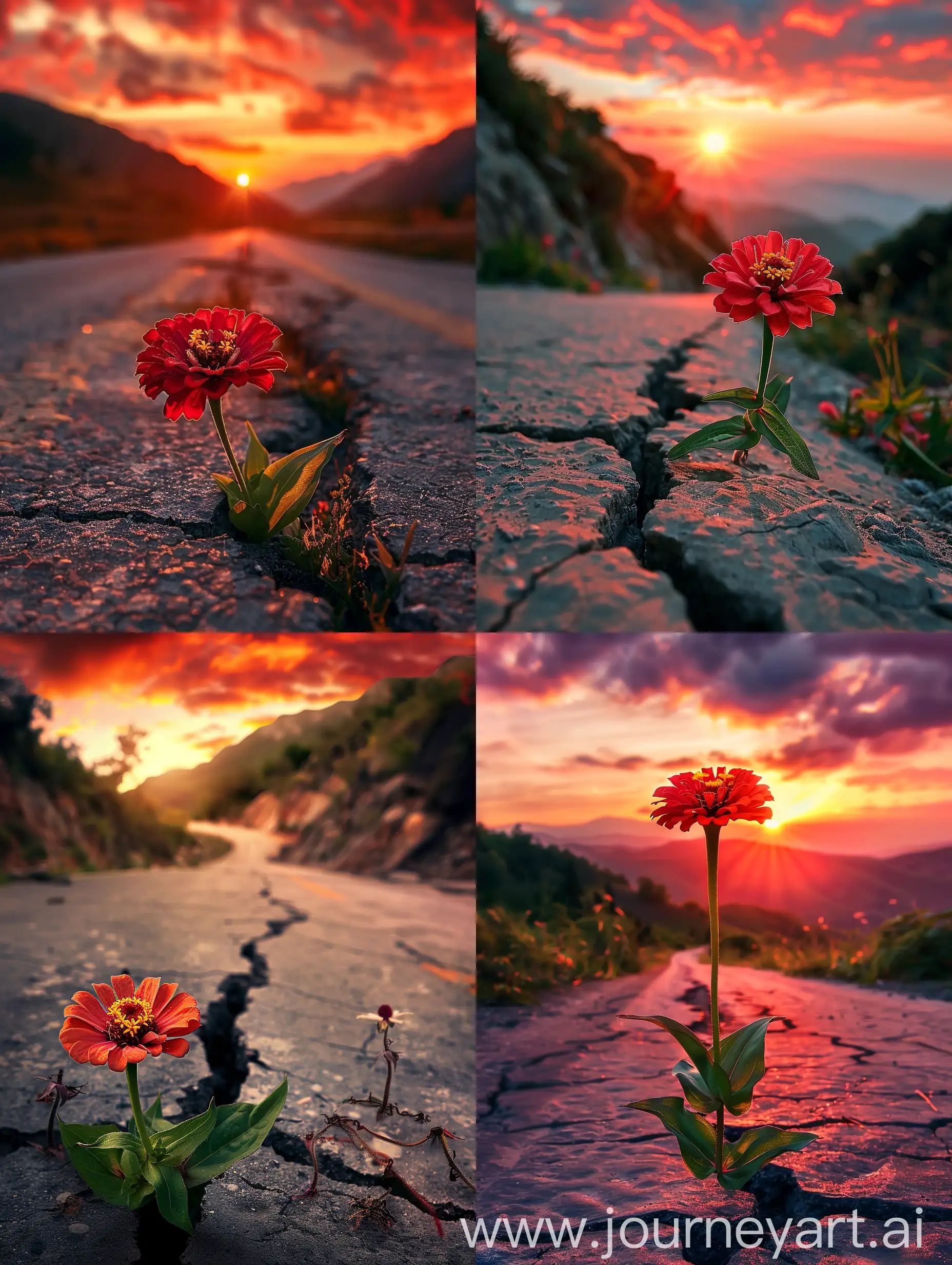 Red-Zinnia-Flower-Blooming-on-Mountain-Road-at-Sunset